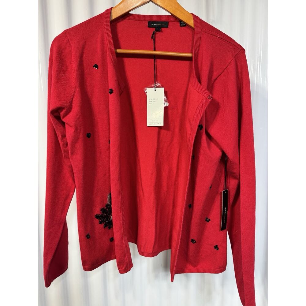 BCBGMaxAzria Red Cardigan Black Beaded Snowflakes Holiday Office Classic NWT Lg